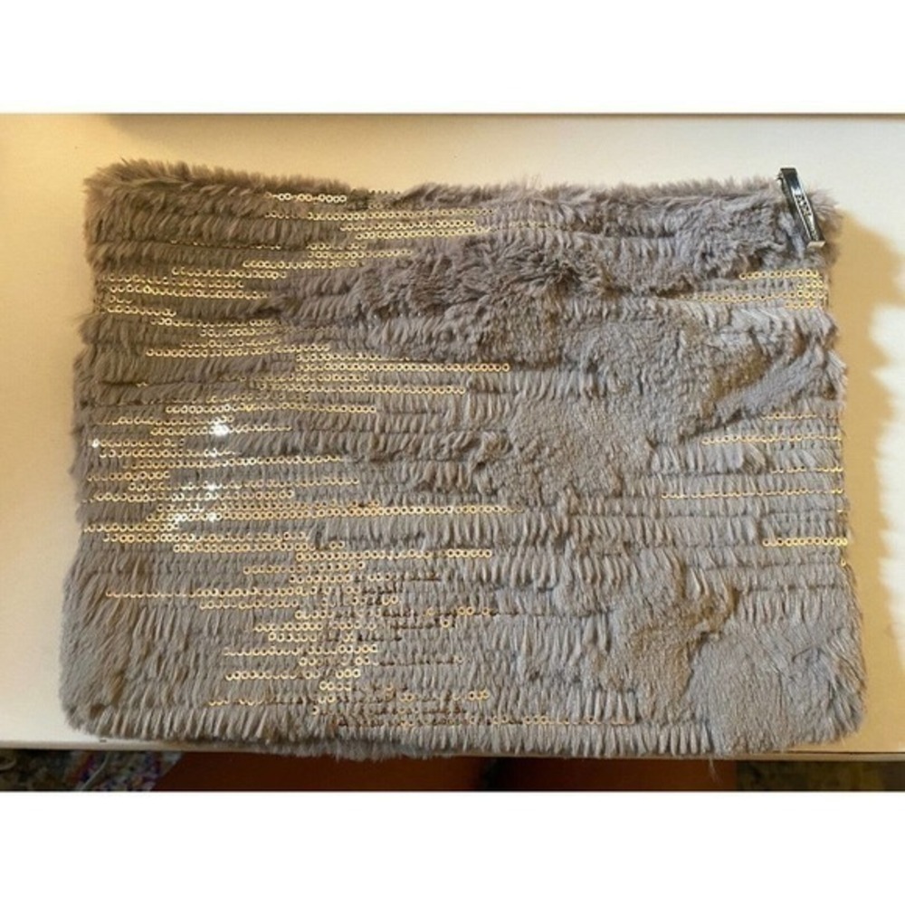 bcbgeneration fur and sequin‎ grey silver clutch bag